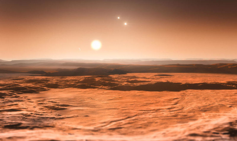 Iš egzoplanetos „Gliese 667Cd” matomas dangaus skliautas dailininko akimis. Virš žvaigždės matyti kitos dvi sistemos planetos, kurios gali būti tinkamos gyvybei