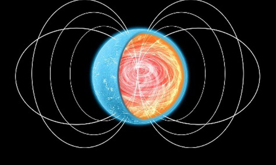 Dailininko pavaizduota neutroninė žvaigždė. Makaroninės materijos sluoksnis turėtų būti vidiniame plutos sluoksnyje, prie pat branduolio