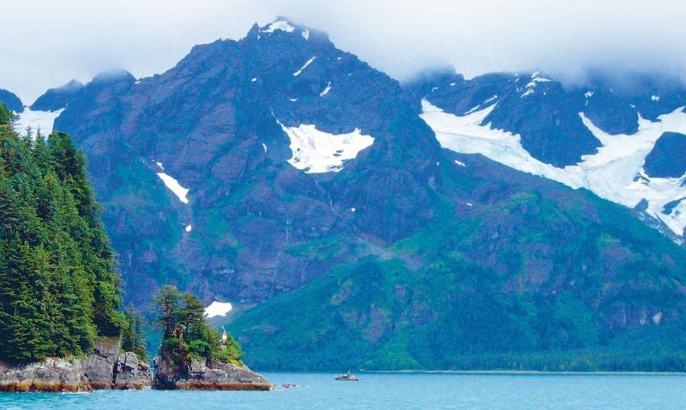 Vaade Alaska metsadele ja mägedele Sewardi linna lähedalt merereisil Vaiksel ookeanil..