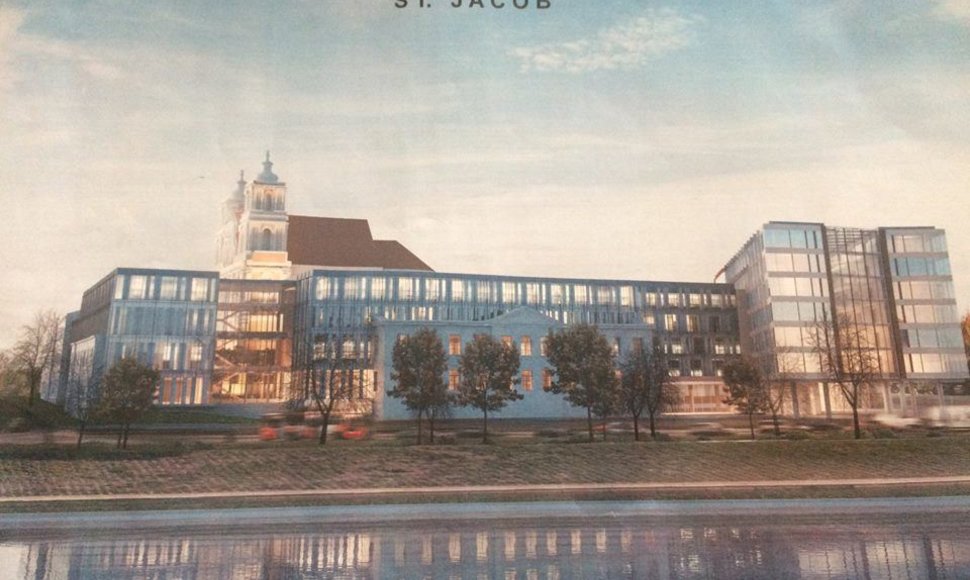 Greta Šv.Jokūbo bažnyčios planuojamas viešbutis ir biurų pastatas
