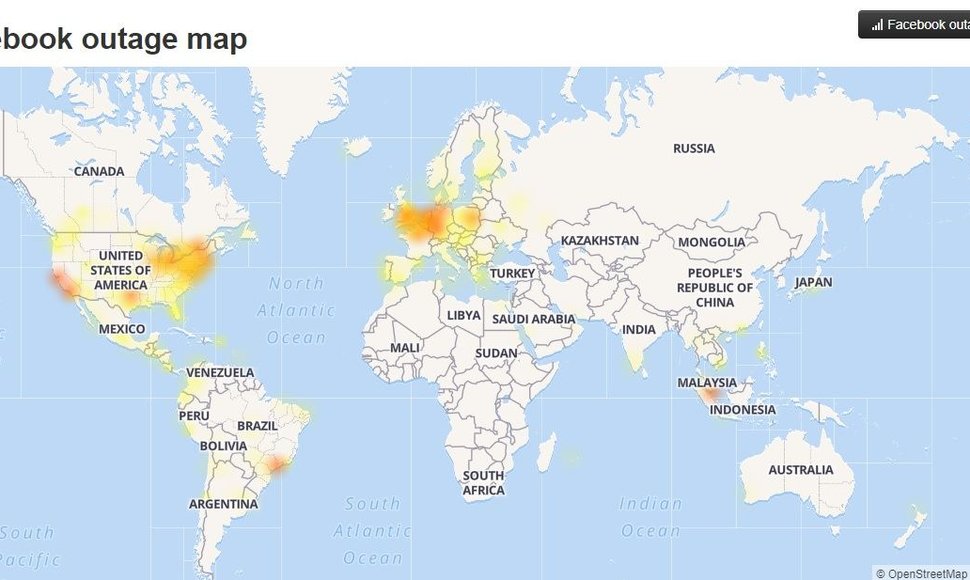 Skundų dėl „Facebook“ sutrikimų geografija: kuo tamsesnė spalva, tuo daugiau vartotojų iš tos vietovės skundžiasi