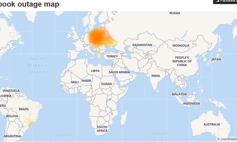 „Facebook“ veikimo sutrikimų žemėlapis