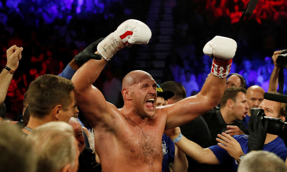 Tysonas Fury ir Tomas Schwarzas bei jų dvikova Las Vegase.