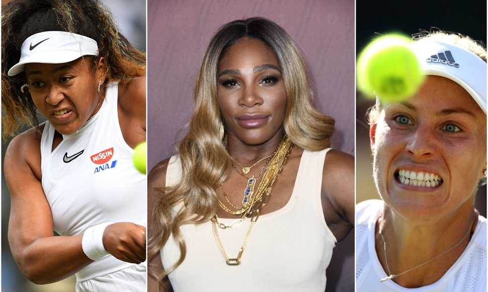 Serena Williams (viduryje) daugiausiai per matus uždirbančių atlečių sąraše yra pirma, Naomi Osaka (kairėje) – antra, Angelique Kerber – trečia.