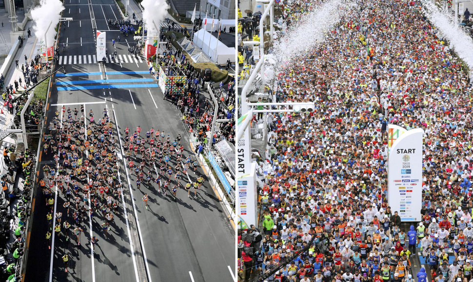 Pakitęs Tokijo maratono vaizdas: 2020 metais ir 2019 metais.