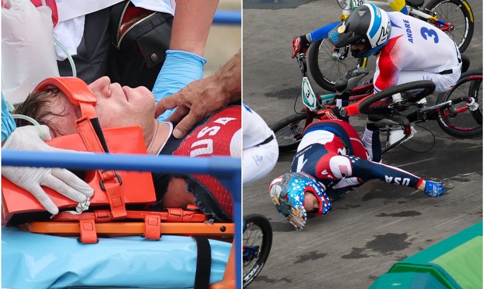 BMX dviratininkas Connoras Fieldsas stipriai susižeidė per griuvimą Tokijo olimpinėse žaidynėse.