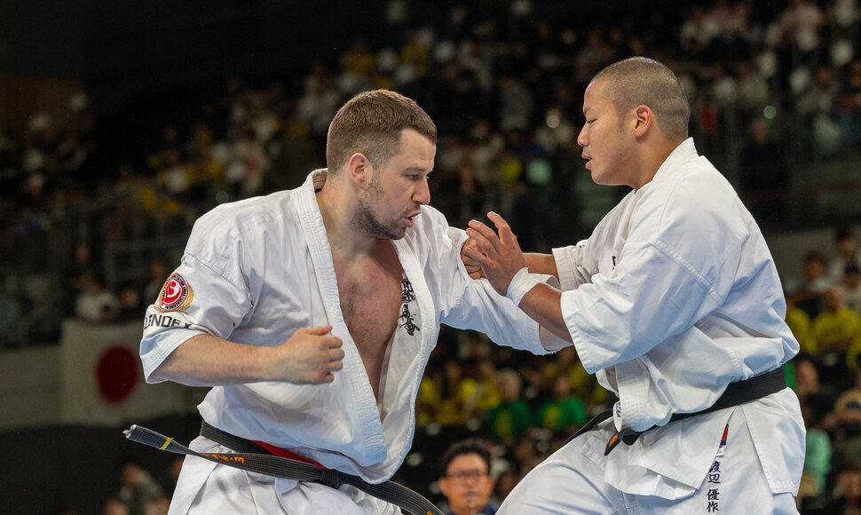 Pasaulio pilno kontakto karatė čempionato ketvirtfinalio kovų akimrka. Eventas Gužauskas