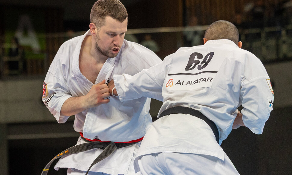 Pasaulio pilno kontakto karatė čempionato ketvirtfinalio kovų akimrka. Eventas Gužauskas