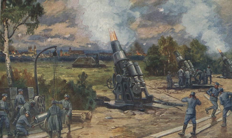 Vokiečių 305 mm mortyrų baterija apšaudo Kauno tvirtovės fortus ir įtvirtinimus. 1915 m. rugpjūčio 15 d. 