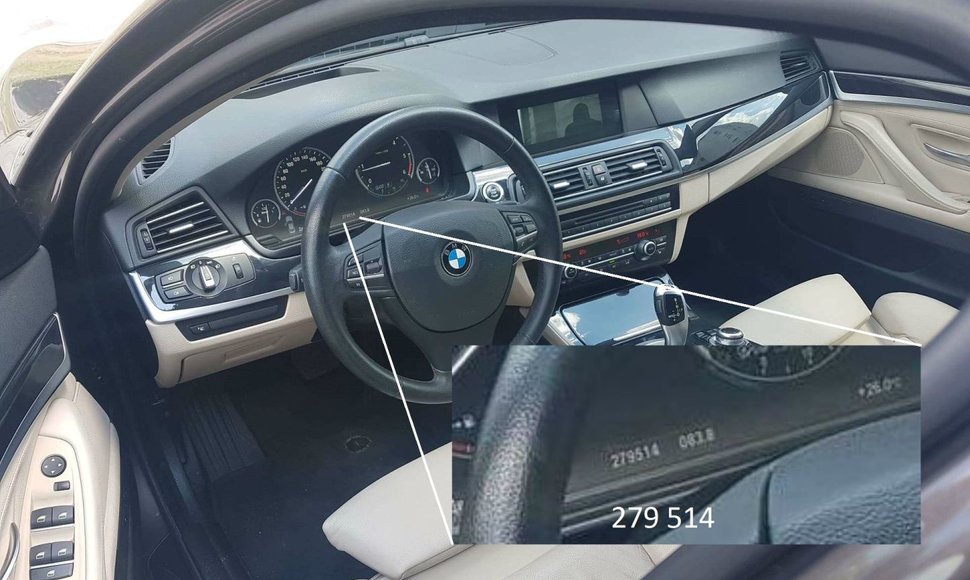 BMW salono nuotrauka, kurioje prietaisų skydelyje matoma rida skiriasi nuo to, ką sako pardavėjas