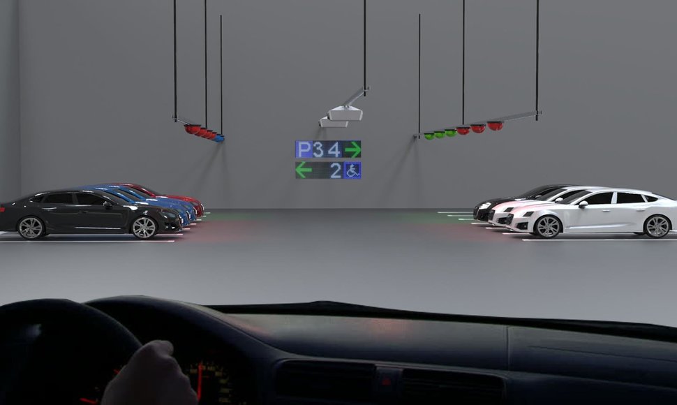 Car parking guidance system with video analytics and LPR in an indoor parking lot. The camera monitors the use of up to 6 parking spaces and transmits it to the Parksol system.