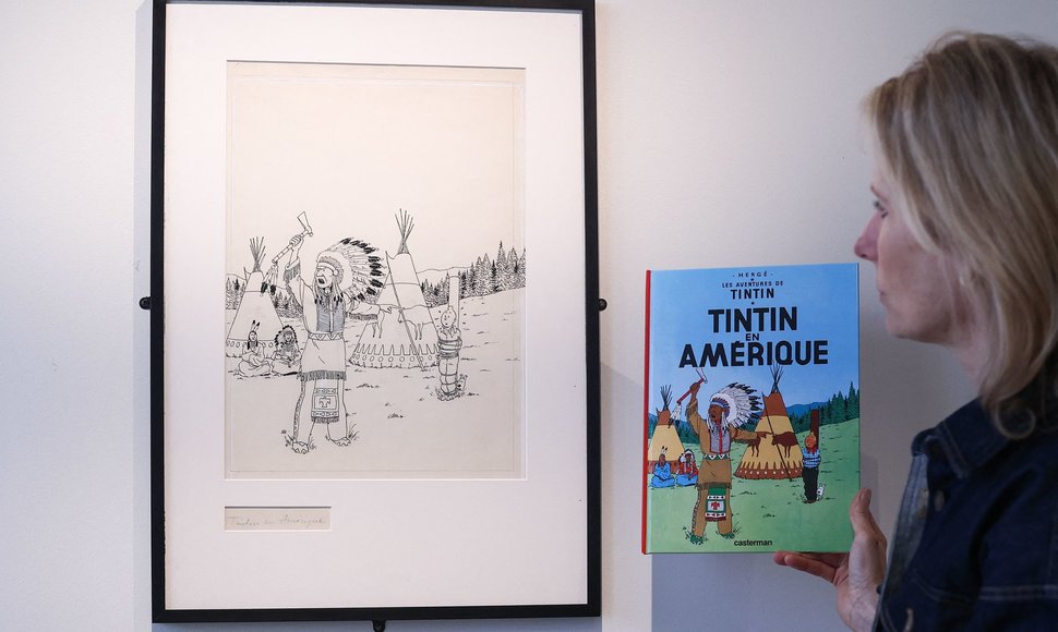 Tušu pieštas Herge piešinys, skirtas serijos „Tintinas Amerikoje“ viršeliui