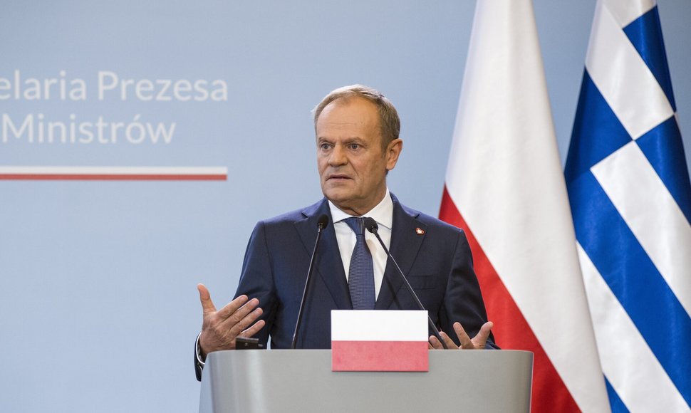 Mitsotakis susitinka su Donald Tusk Varšuvoje 2024 m. balandžio 12 d. / Attila Husejnow / ZUMAPRESS.com