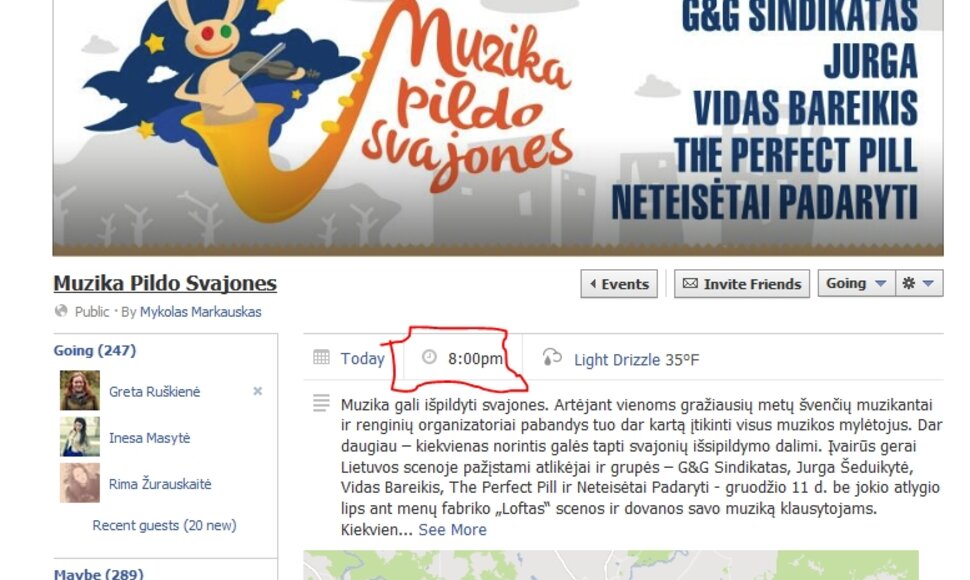 Facebook renginio puslapyje renginio pradžia nurodyta 20h