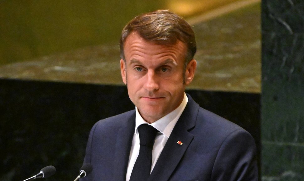 Prancūzijos prezidentas Emmanuel Macron kalba JT sesijoje. / IMAGO/Sergey Guneev / IMAGO/SNA