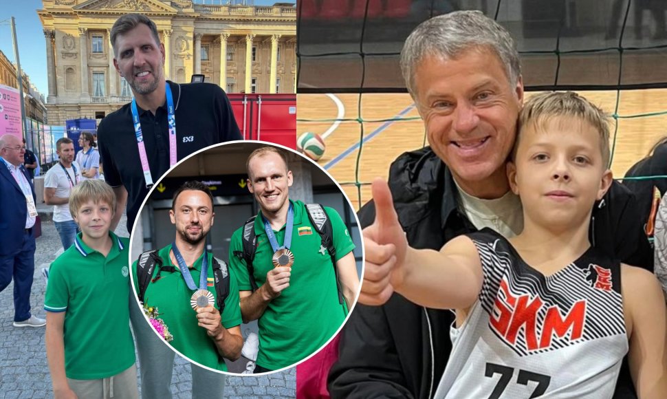 Rolandas Skaisgirys, jo sūnus Atas su Dirku Nowitzki, Aurelijus Pukelis ir Šarūnas Vingelis