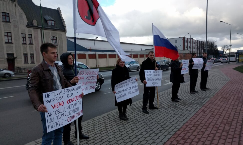 Rusiją palaikantys piketuotojai plakatuose skelbė, kad „Rusija – pasaulio taikos garantas“.