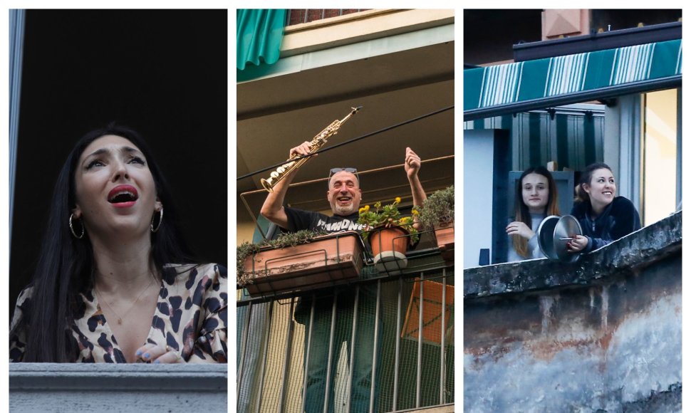Italijoje žmonės vieningai dainuoja iš savo balkonų, taip palaikydami vieni kitus karantino metu