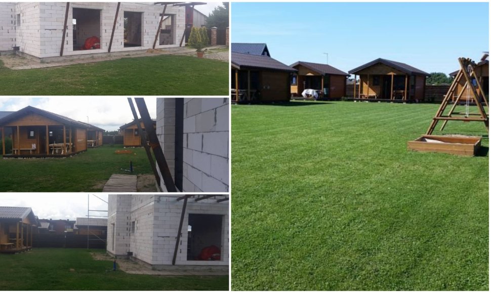 Į Šventąją atvykę poilsiautojai nustebo išvydę namelius šalia statybvietės (nuotraukos kairėje). Internete skelbiamose nuotraukose – nė ženklo, kad šalia statomas namas.