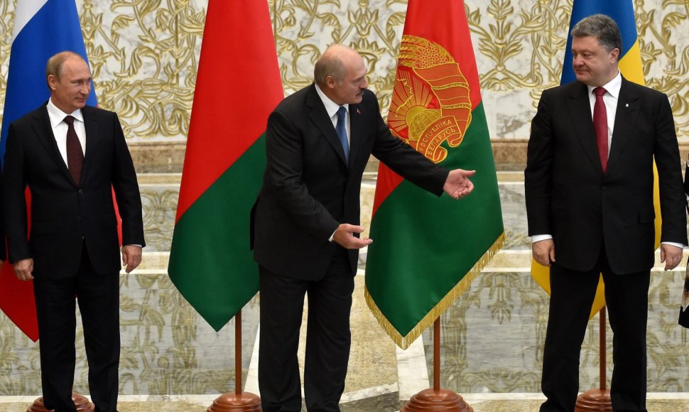Rusijos prezidentas Vladimiras Putinas, Baltarusijos prezidentas Aleksandras Lukašenka, Ukrainos prezidentas Petro Porošenka