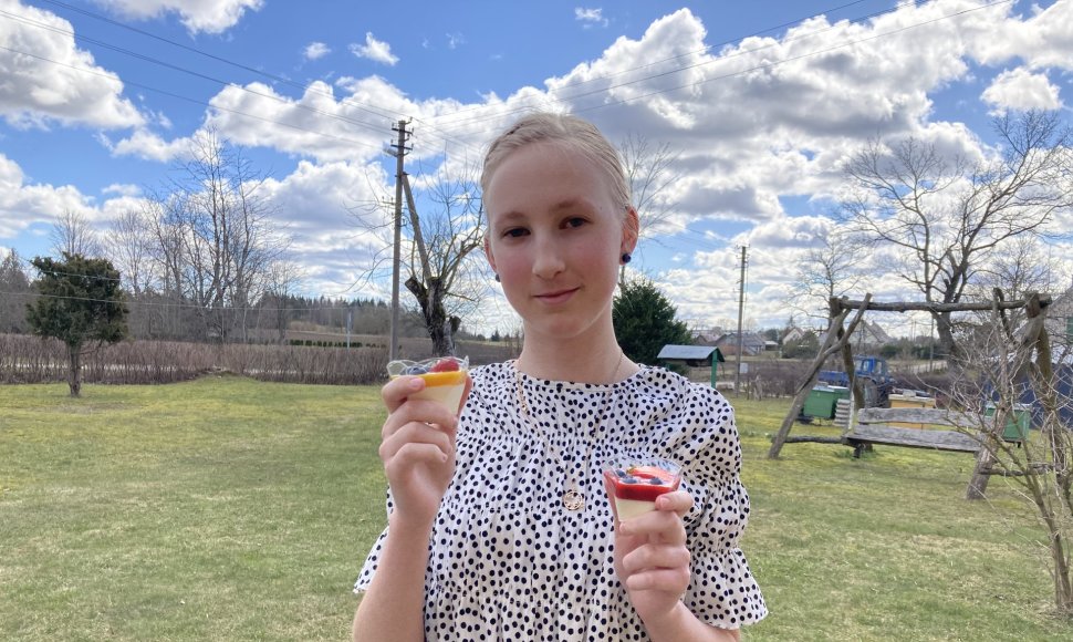Dvylikametė Justė Žvirblytė per karantiną atrado aistrą gaminti. Mergaitės desertai sulaukia giminaičų komplimentų.