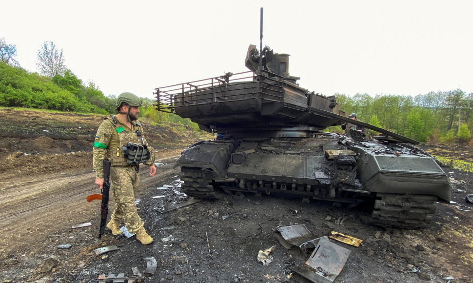 Sunaikintas rusų tankas Ukrainoje