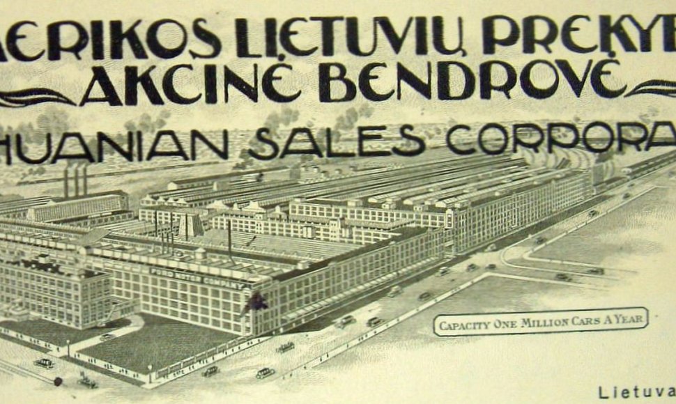 Amerikos lietuvių akcinė bendrovė savo firminiame blanke naudojo LDK Gedimino ir  „Ford“ fabriko Detroite atvaizdą