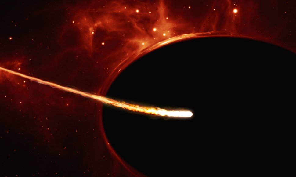 Juodoji skylė, dėl galingos gravitacijos iškreipianti už jos esantį vaizdą, į makarono formą ištempė ryjamą žvaigždę