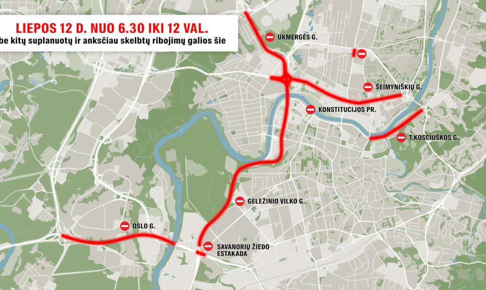 Liepos 12 d. papildomų eismo ribojimų Vilniaus žemėlapis