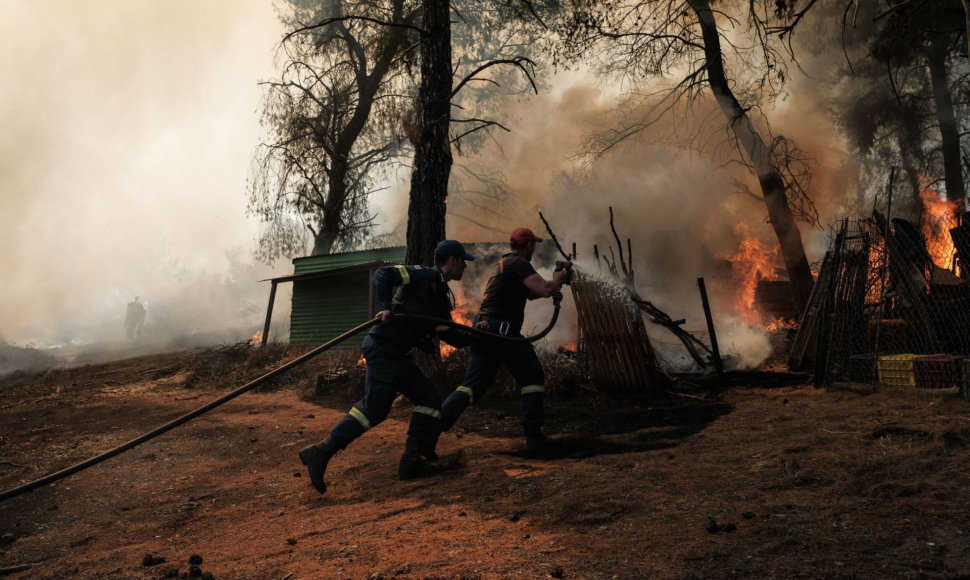 Graikijos ugniagesiai kovoja su gaisru.