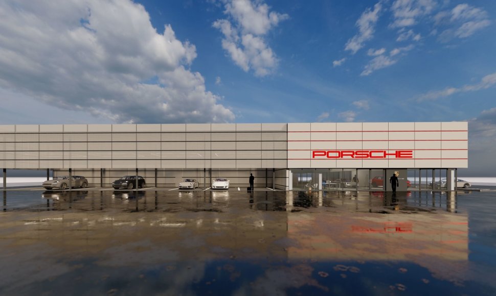 „Porsche“ atstovybės Klaipėdos rajone eksterjero vizualizacija