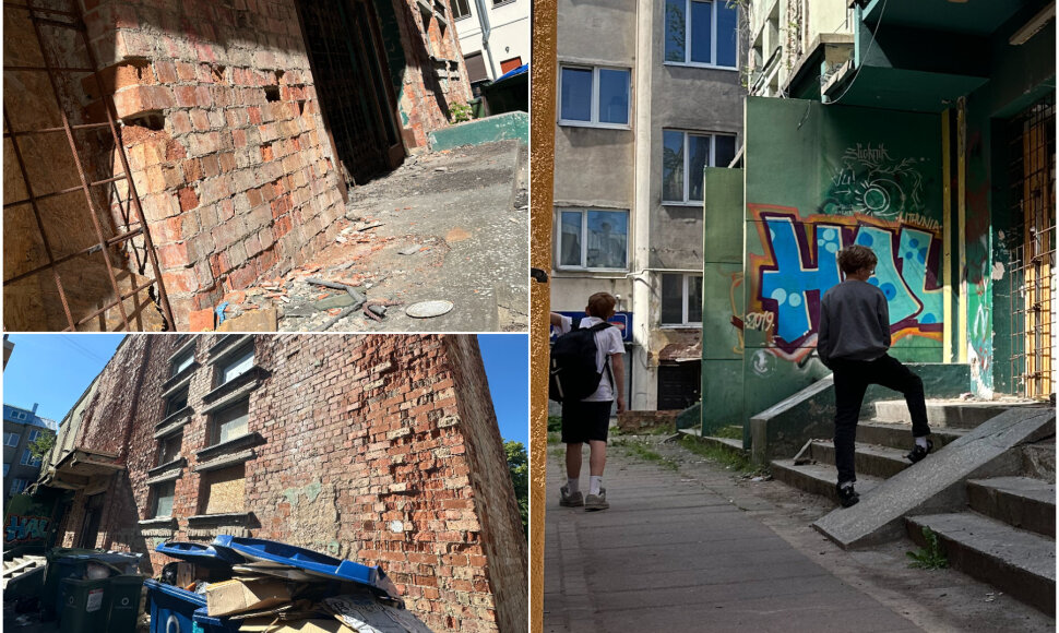 Vaikai prie apleisto pastato Laisvės alėjoje Kaune