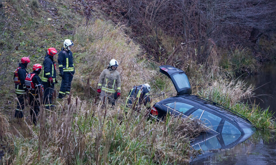 Į tvenkinį įlėkė automobilis