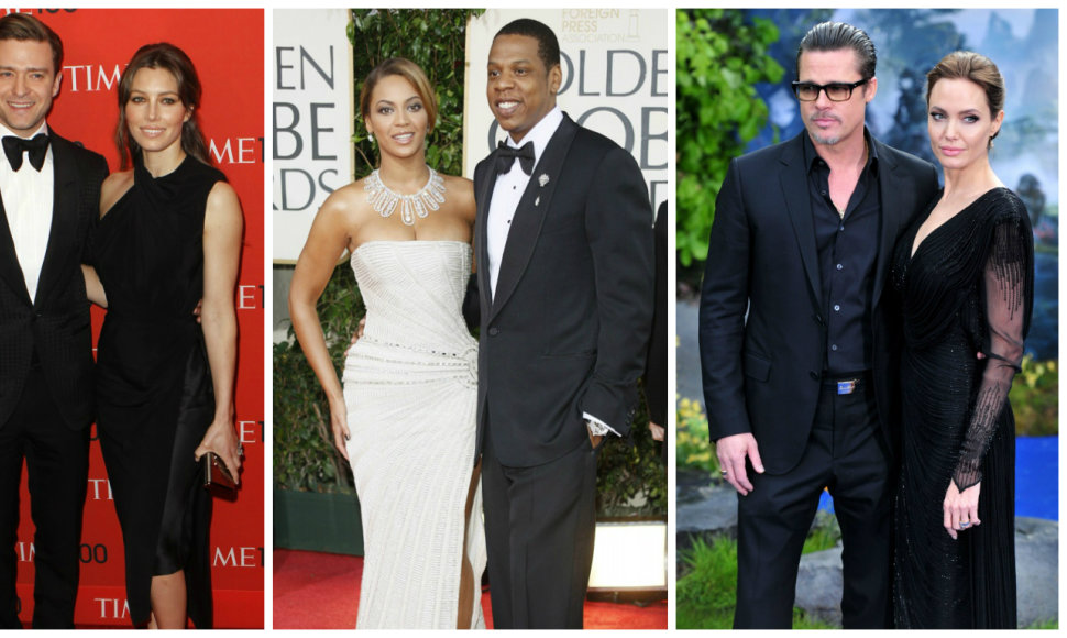 Justinas Timberlake'as su Jessica Biel, Beyonce su Jay-Z ir Bradas Pittas su Angelina Jolie