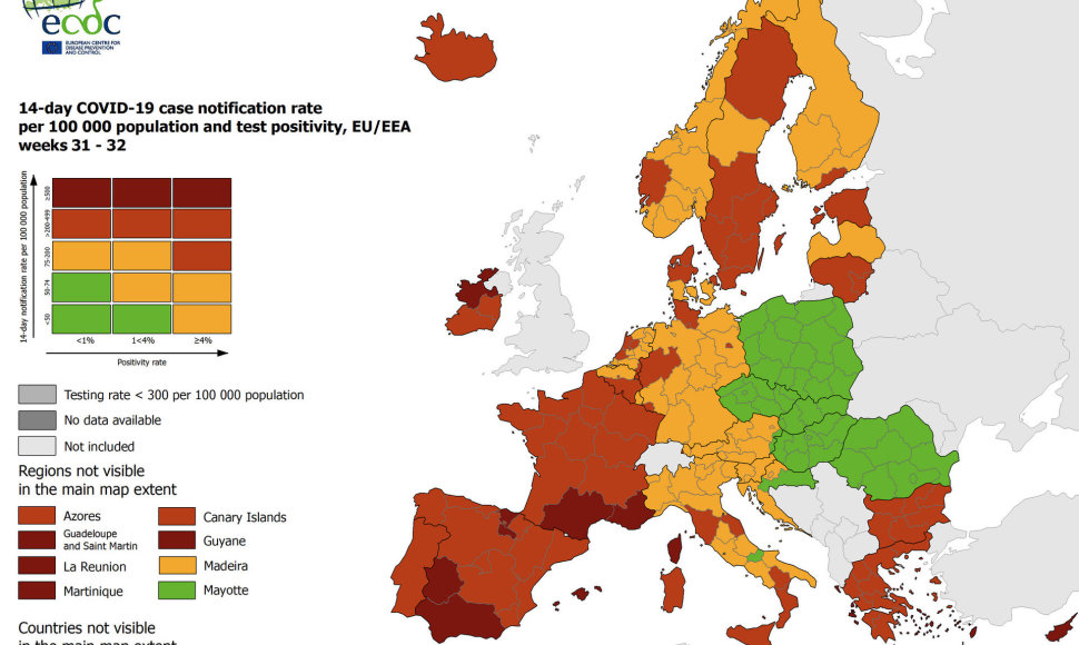 Sergamumas COVID-19 Europos šalyse. Rugpjūčio 19 d.