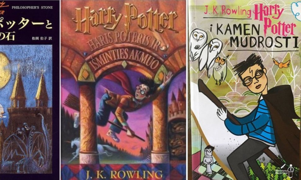 Knygos „Haris Poteris ir Išminties akmuo“ viršeliai
