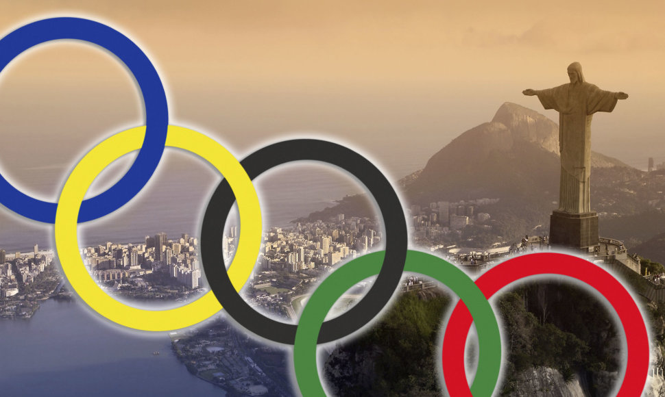 Olimpiniai žiedai Rio de Žaneiro panoramos fone