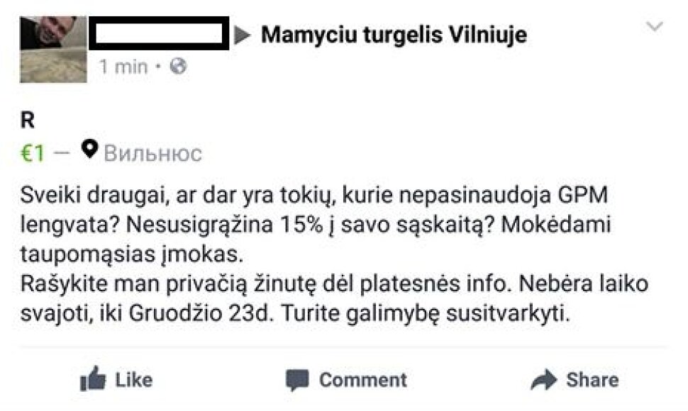 Sukčiaus žinutė socialiniame tinkle