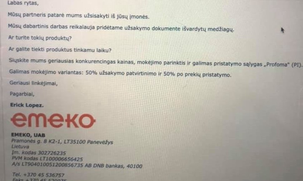 Tariamai iš bendrovės „Emeko“ siunčiamas virusų platinimo laiškas