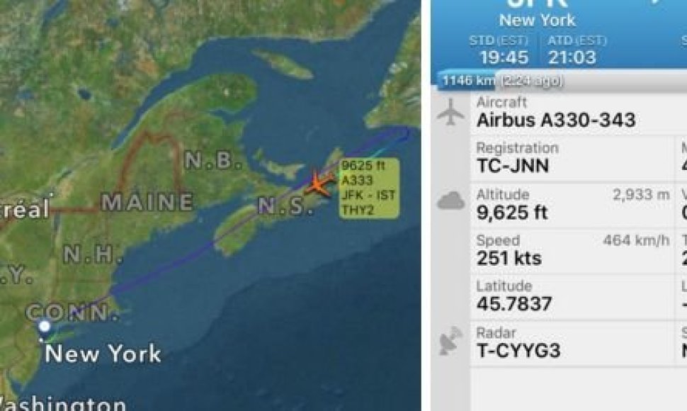 Pranešta apie bombą lėktuve iš Niujorko į Turkiją – orlaivis nukreiptas į Kanadą