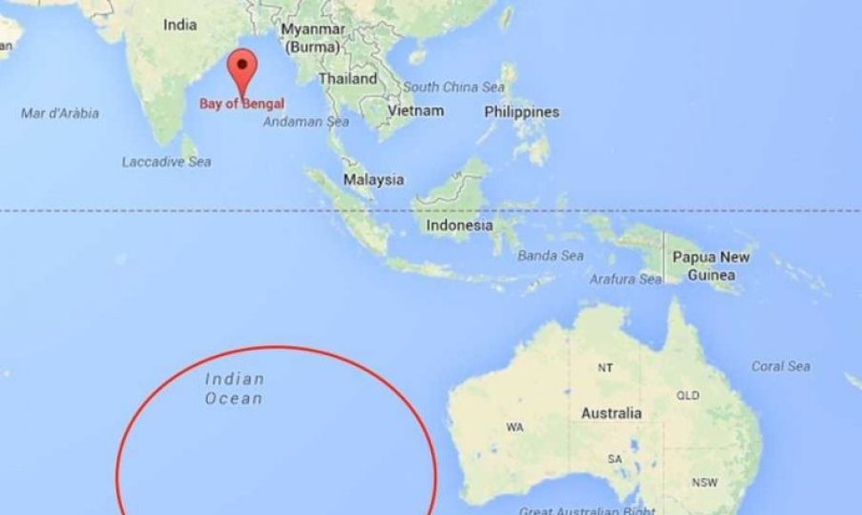 Žemėlapyje pažymėta vieta, kur esą aptiktos Malaizijos orlaivio nuolaužos. 