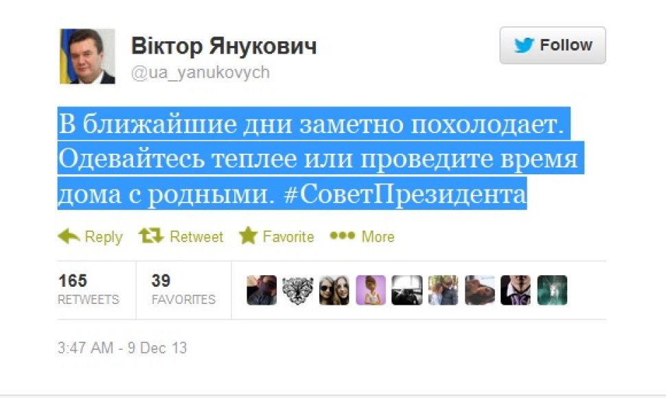 Viktoro Janukovyčiaus žinutė socialiniame tinkle „Twitter“