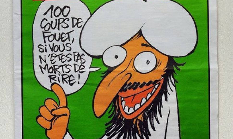 „Charlie Hebdo“ viršelis su pranašo karikatūra ir pareiškimas: „100 kirčių, jei nemirsit iš juoko!“