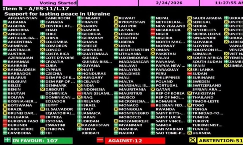 JT Generalinės Asamblėjos balsavimas dėl rezoliucijos &bdquo;Parama ilgalaikei taikai Ukrainoje&ldquo; 