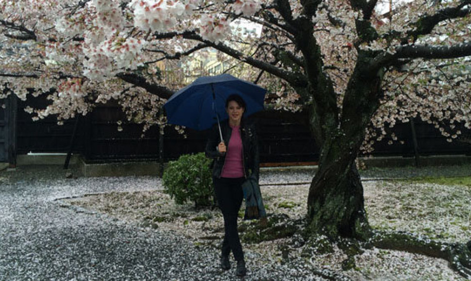 Laura Popkytė-Fukumoto prie Kioto mieste esančios šventyklos sakuros