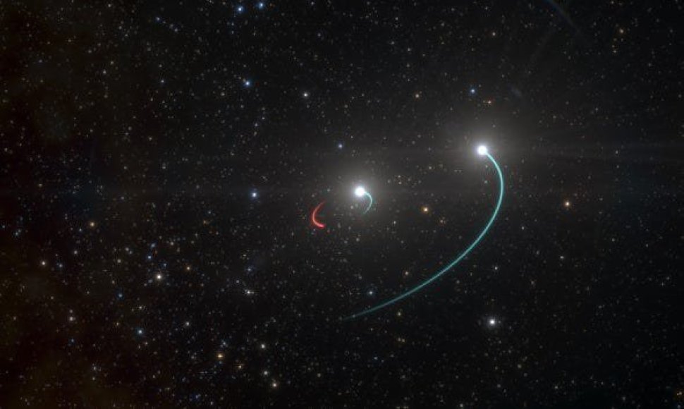 Dailininko pavaizduota objekto orbita HR 6819 triguboje sistemoje. Greta dviejų žvaigždžių (kurių orbitos pavaizduotos mėlynos), sistemoje yra ir tyli žvaigždės masės juodoji bedugnė (orbita pavaizduota raudonai)
