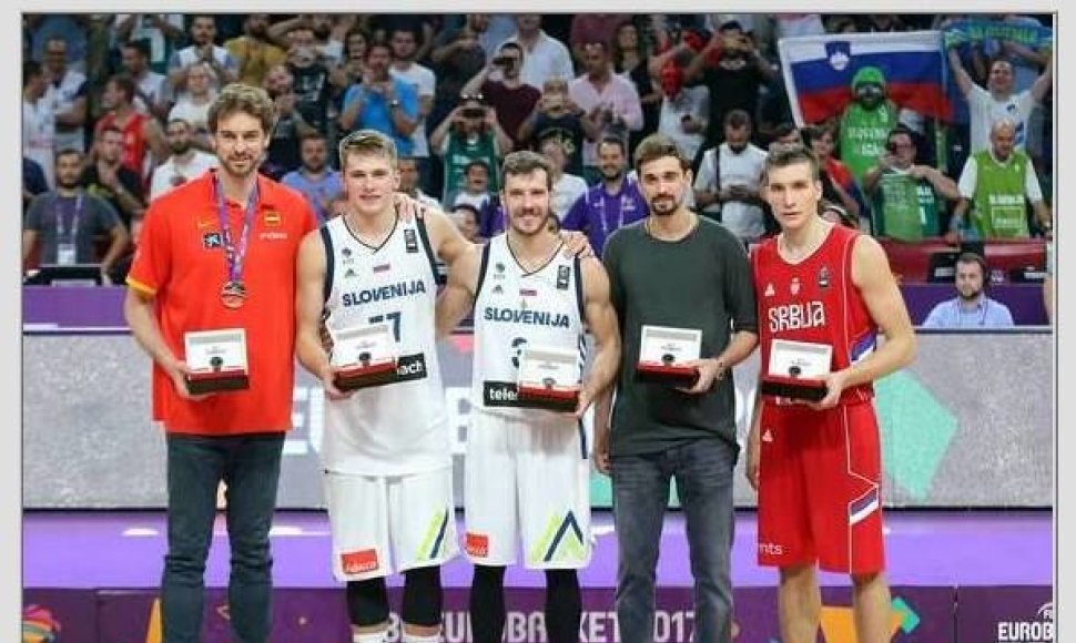 Geriausių žaidėjų penketas (iš kairės): P.Gasolis, L.Dončičius, G.Dragičius, A.Švedas ir B.Bogdanovičius.