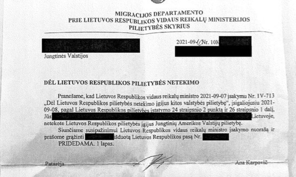 JAV lietuvio gautas laiškas dėl pilietybės netekimo