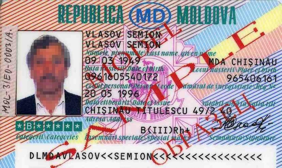 Moldovos vairuotojo pažymėjimo pavyzdys