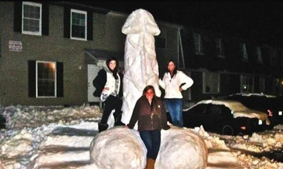 Studentės JAV iš sniego nulipdė didžiulį „paminklą vyriškumui“.